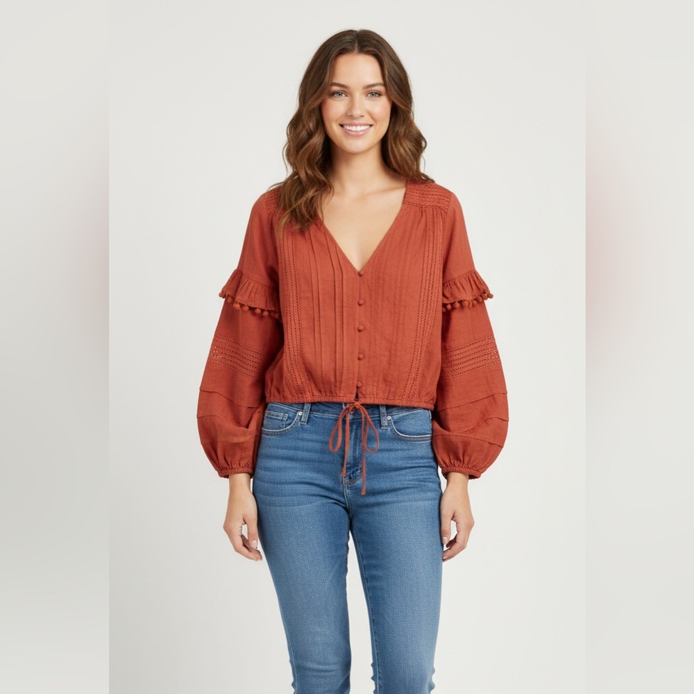 House of Harlow 1960 Terracotta Blouse with Pom-Pom Sleeves